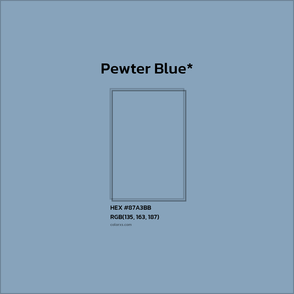 #87A3BB hex color. RGB, RYB, CMYK, HSL, HSV codes and color conversions. Matching color names, palettes, paints.