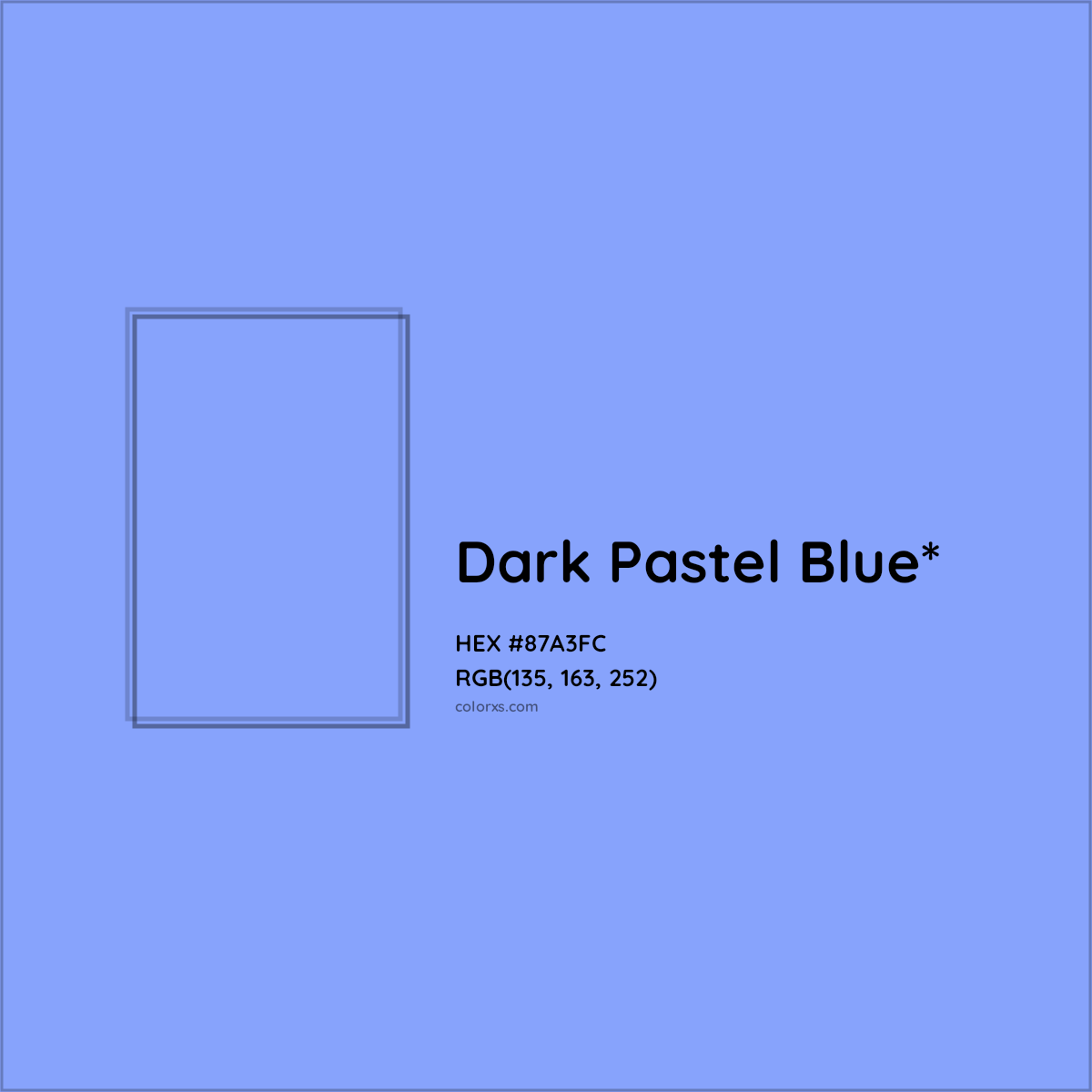 #87A3FC hex color. RGB, RYB, CMYK, HSL, HSV codes and color conversions. Matching color names, palettes, paints.