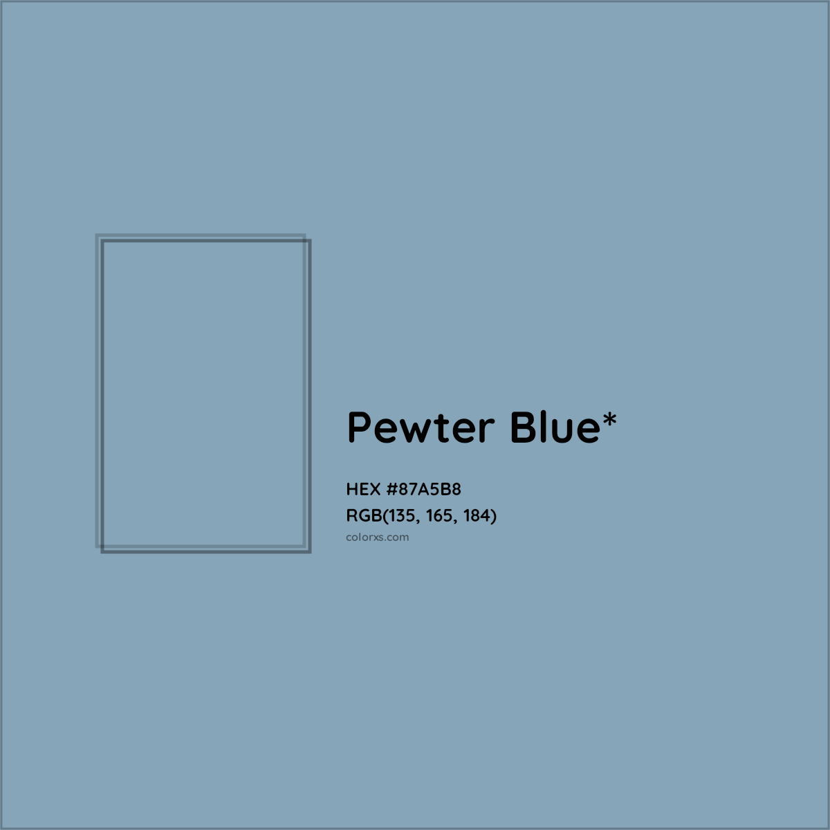 #87A5B8 hex color. RGB, RYB, CMYK, HSL, HSV codes and color conversions. Matching color names, palettes, paints.