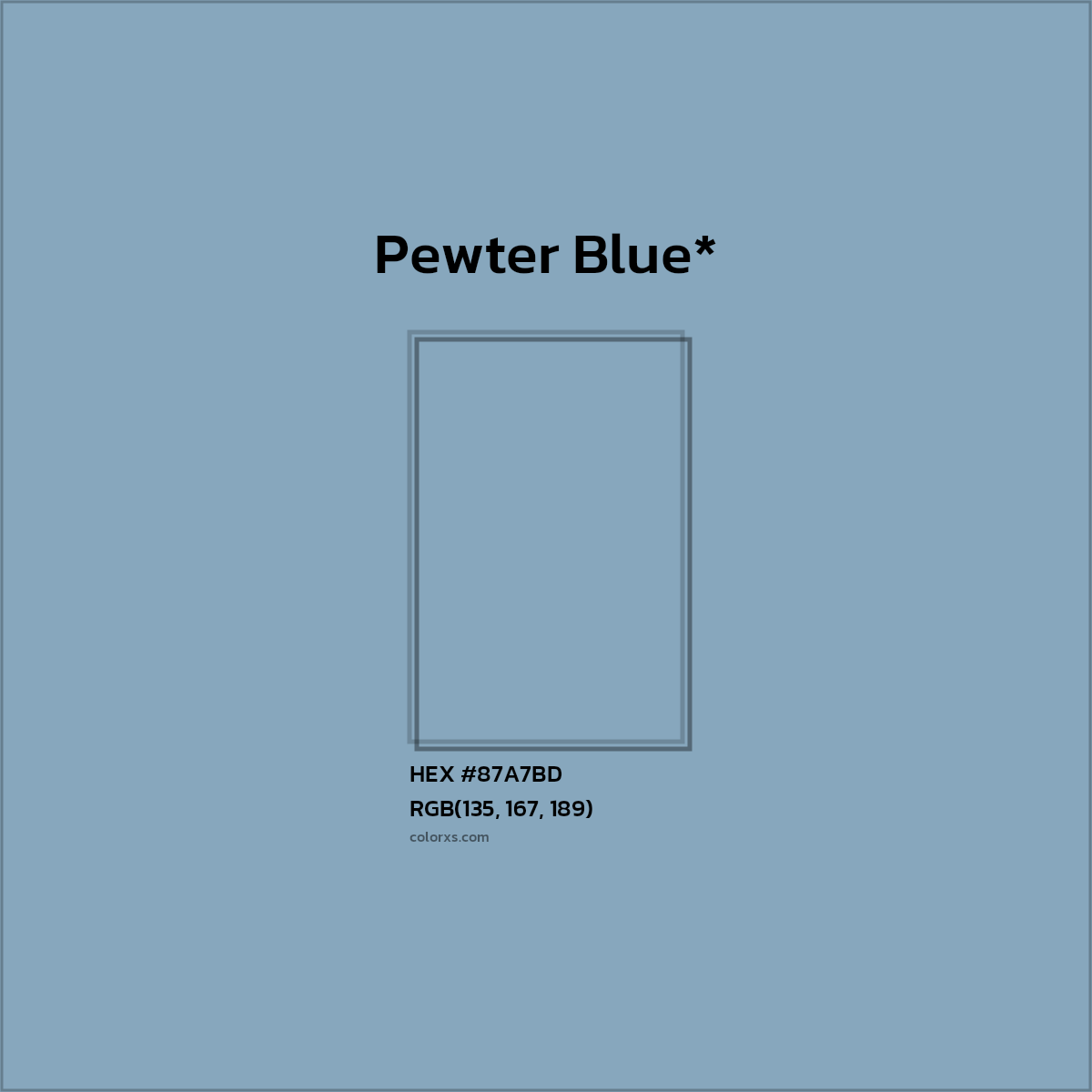 #87A7BD hex color. RGB, RYB, CMYK, HSL, HSV codes and color conversions. Matching color names, palettes, paints.