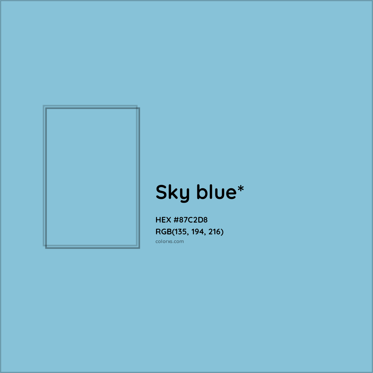 #87C2D8 hex color. RGB, RYB, CMYK, HSL, HSV codes and color conversions. Matching color names, palettes, paints.