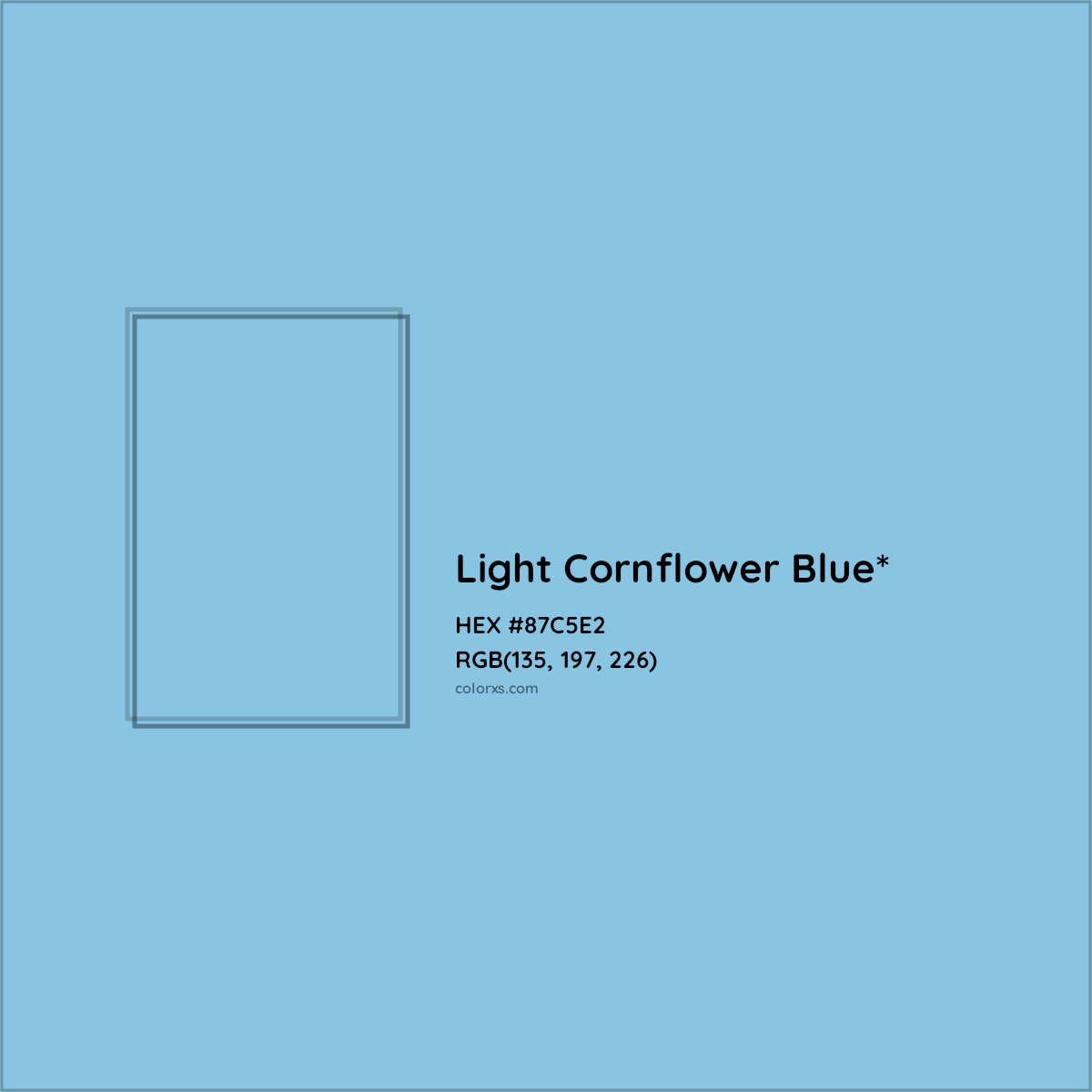 #87C5E2 hex color. RGB, RYB, CMYK, HSL, HSV codes and color conversions. Matching color names, palettes, paints.