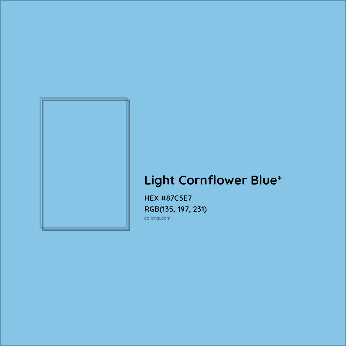#87C5E7 hex color. RGB, RYB, CMYK, HSL, HSV codes and color conversions. Matching color names, palettes, paints.