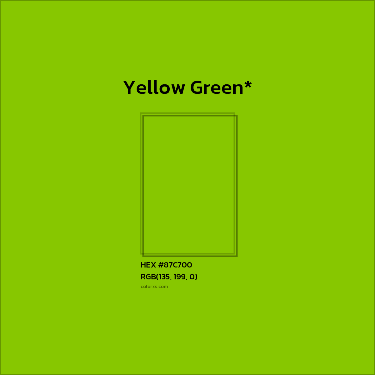 #87C700 hex color. RGB, RYB, CMYK, HSL, HSV codes and color conversions. Matching color names, palettes, paints.