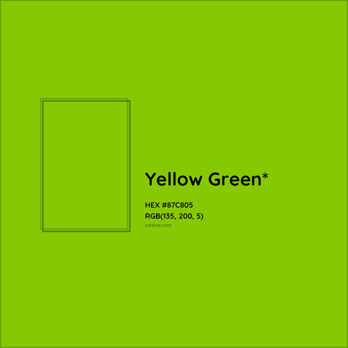 #87C805 hex color. RGB, RYB, CMYK, HSL, HSV codes and color conversions. Matching color names, palettes, paints.