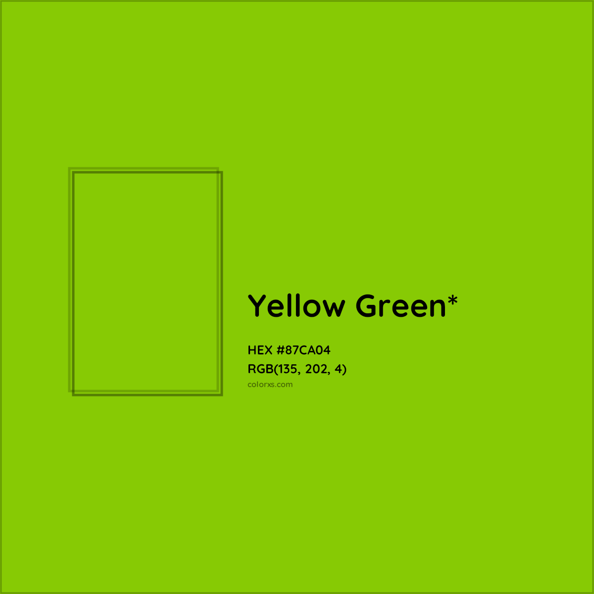 #87CA04 hex color. RGB, RYB, CMYK, HSL, HSV codes and color conversions. Matching color names, palettes, paints.