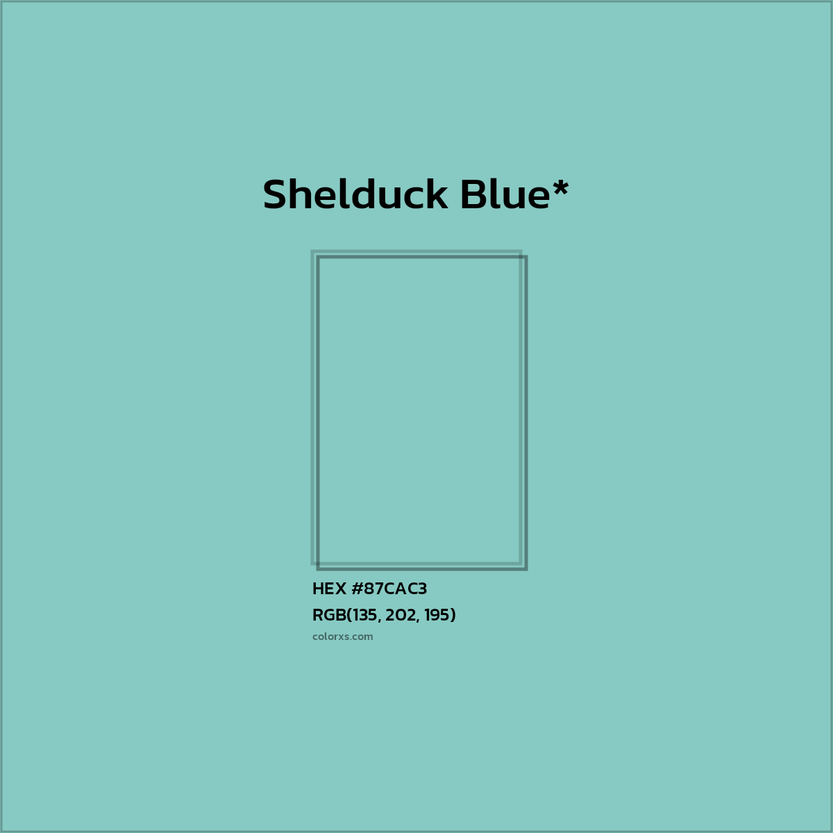 #87CAC3 hex color. RGB, RYB, CMYK, HSL, HSV codes and color conversions. Matching color names, palettes, paints.