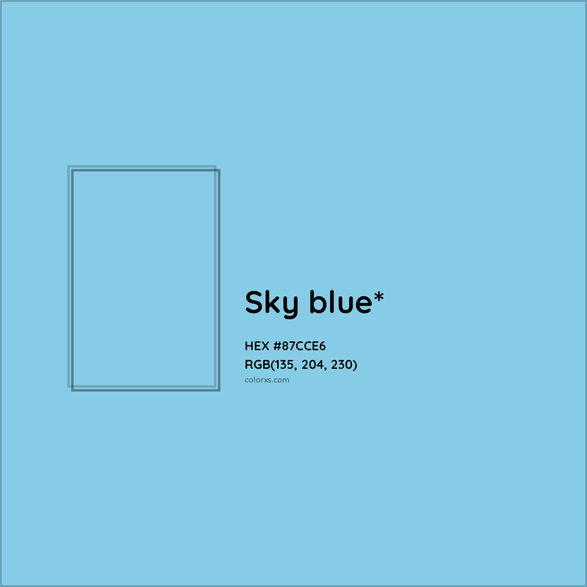 #87CCE6 hex color. RGB, RYB, CMYK, HSL, HSV codes and color conversions. Matching color names, palettes, paints.