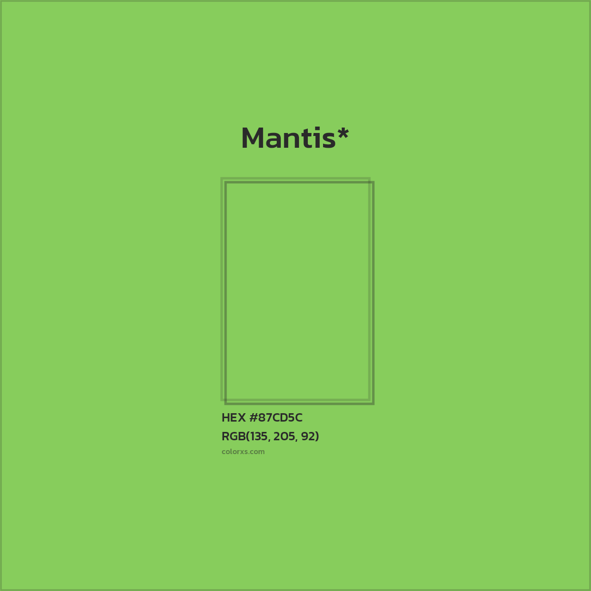 #87CD5C hex color. RGB, RYB, CMYK, HSL, HSV codes and color conversions. Matching color names, palettes, paints.