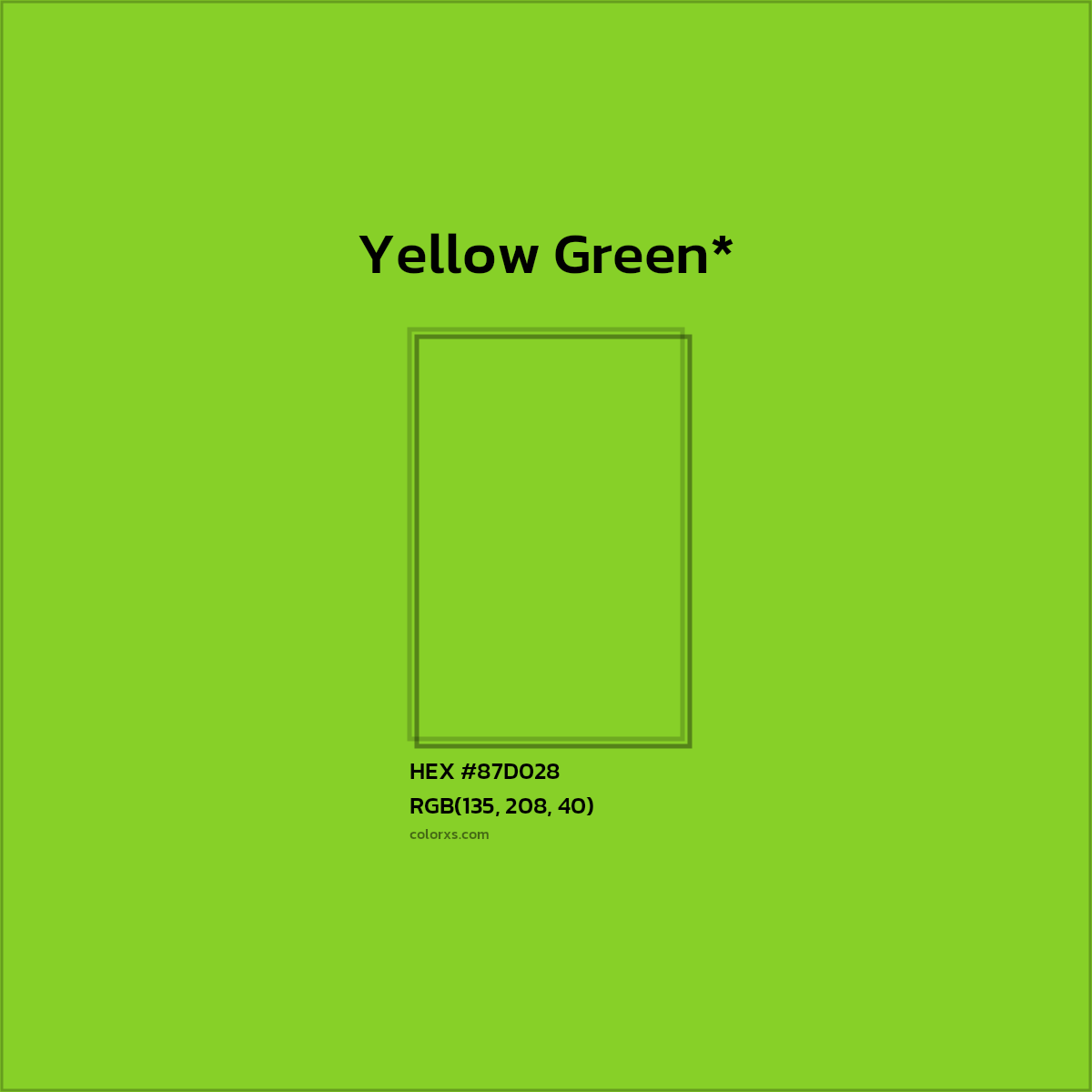 #87D028 hex color. RGB, RYB, CMYK, HSL, HSV codes and color conversions. Matching color names, palettes, paints.