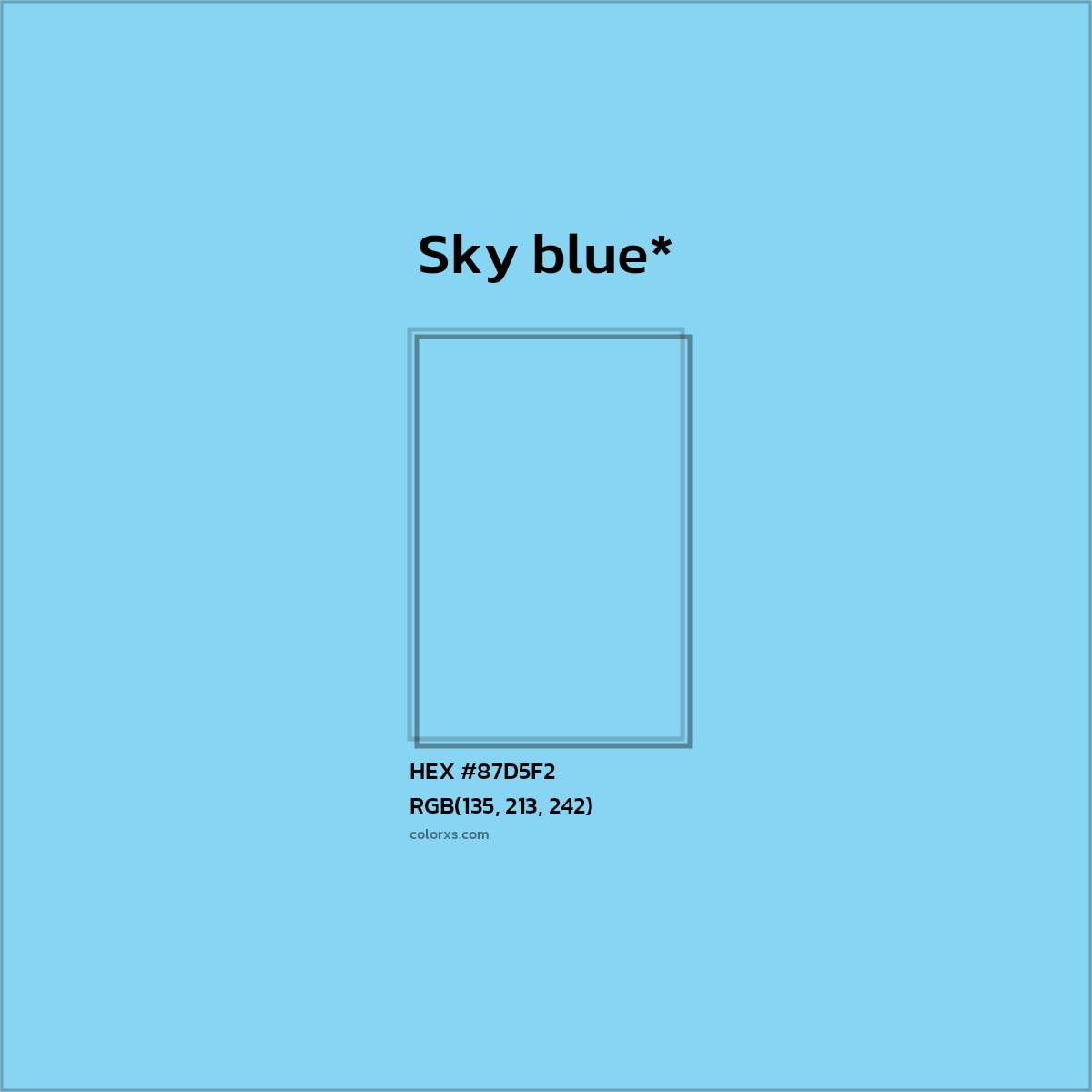 #87D5F2 hex color. RGB, RYB, CMYK, HSL, HSV codes and color conversions. Matching color names, palettes, paints.