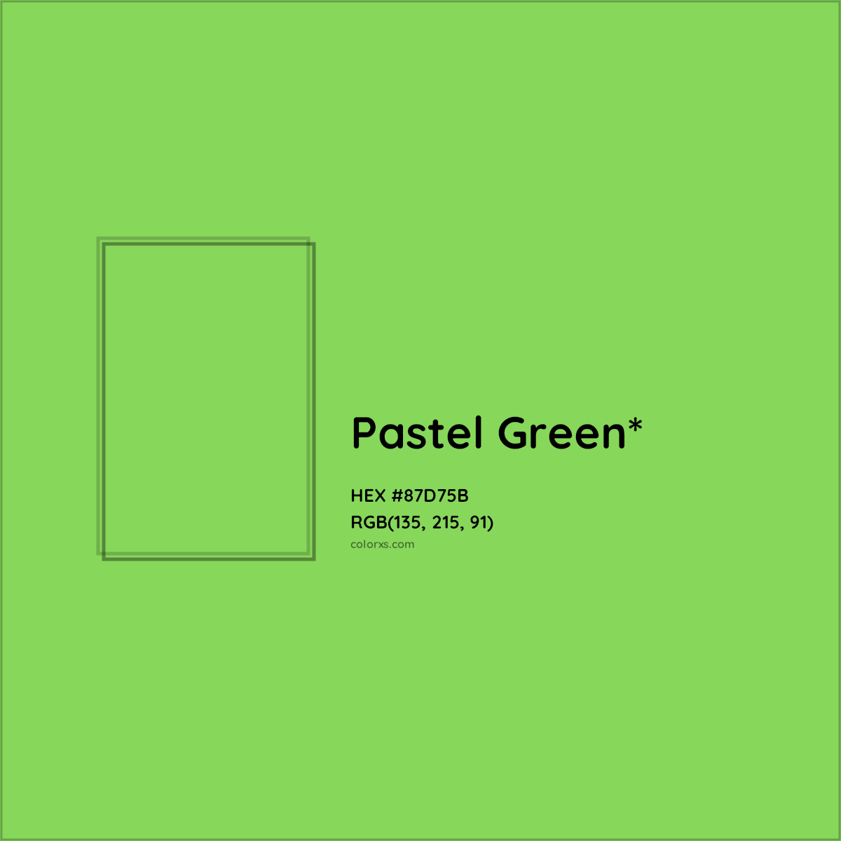 #87D75B hex color. RGB, RYB, CMYK, HSL, HSV codes and color conversions. Matching color names, palettes, paints.