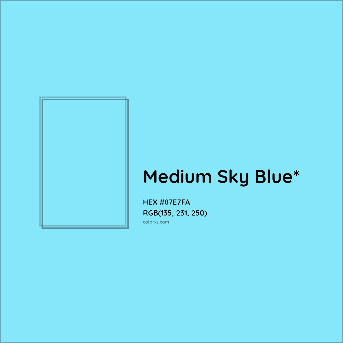 #87E7FA hex color. RGB, RYB, CMYK, HSL, HSV codes and color conversions. Matching color names, palettes, paints.