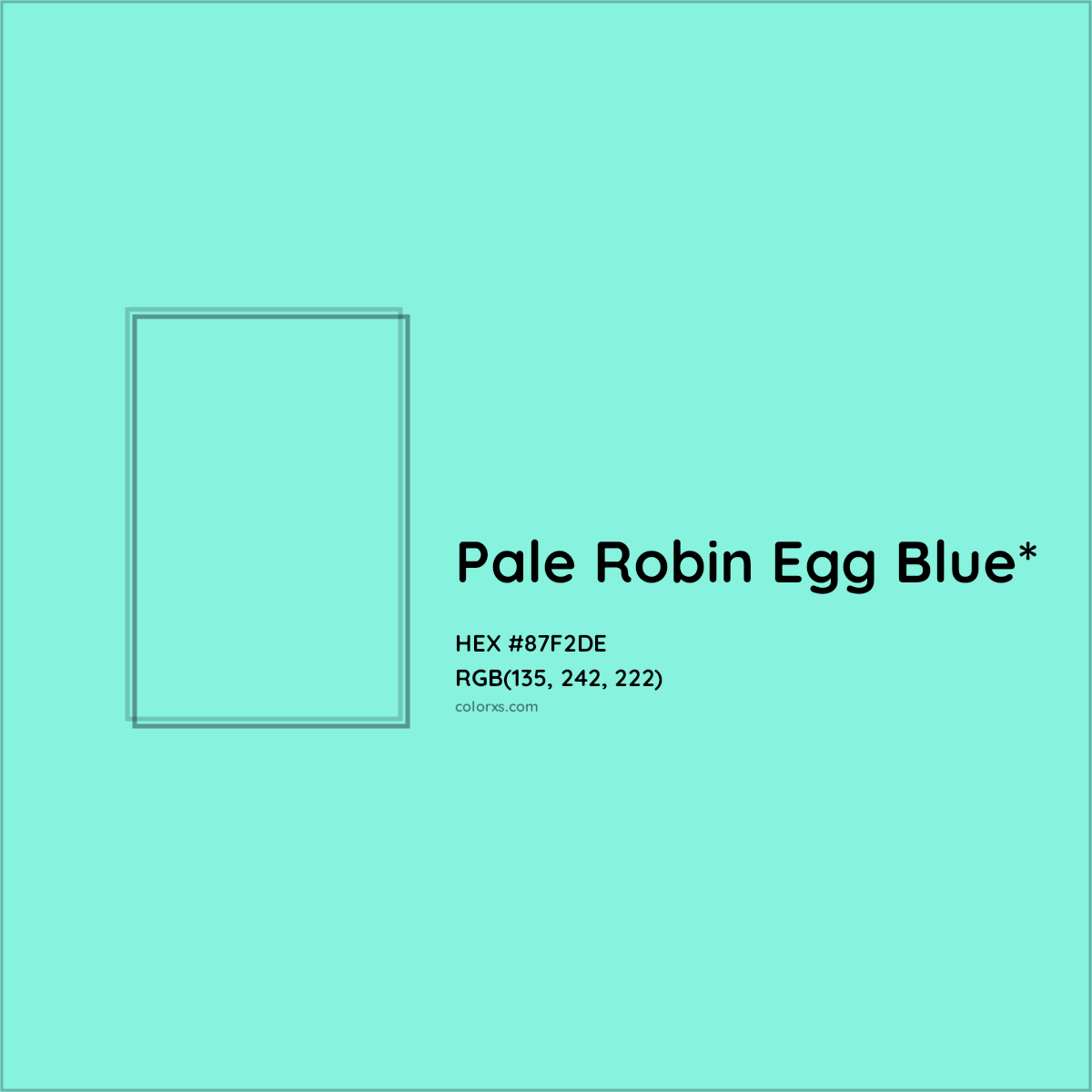 #87F2DE hex color. RGB, RYB, CMYK, HSL, HSV codes and color conversions. Matching color names, palettes, paints.