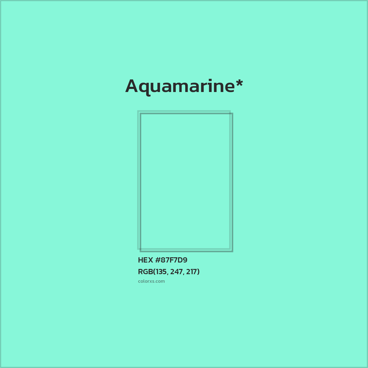 #87F7D9 hex color. RGB, RYB, CMYK, HSL, HSV codes and color conversions. Matching color names, palettes, paints.