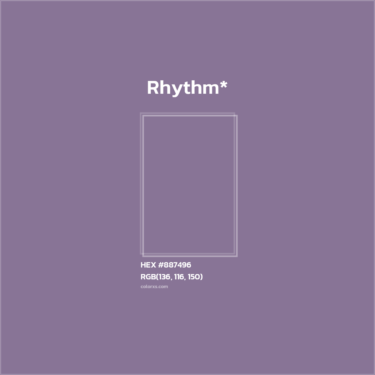 #887496 hex color. RGB, RYB, CMYK, HSL, HSV codes and color conversions. Matching color names, palettes, paints.