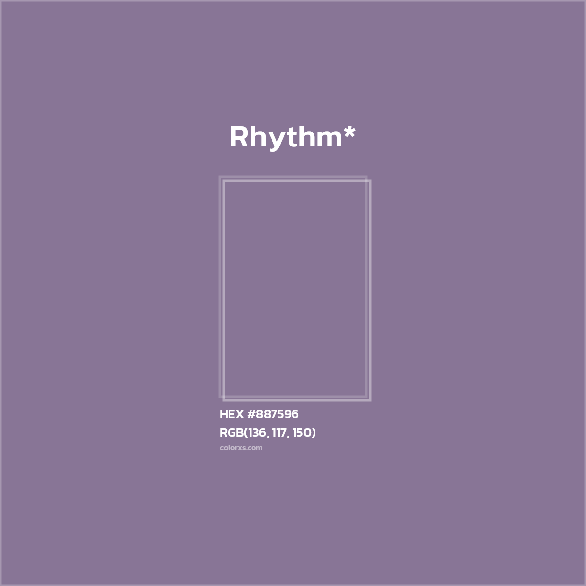 #887596 hex color. RGB, RYB, CMYK, HSL, HSV codes and color conversions. Matching color names, palettes, paints.