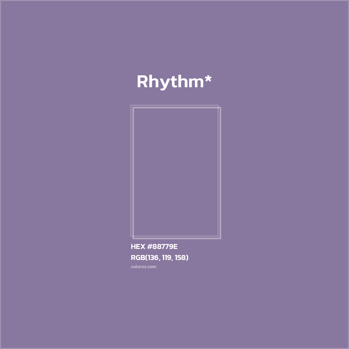 #88779E hex color. RGB, RYB, CMYK, HSL, HSV codes and color conversions. Matching color names, palettes, paints.