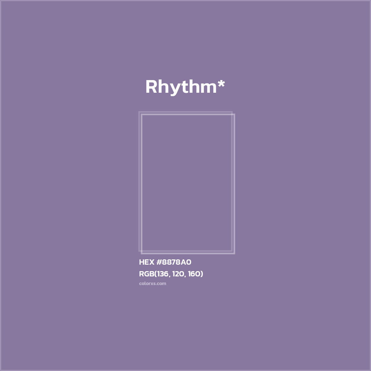 #8878A0 hex color. RGB, RYB, CMYK, HSL, HSV codes and color conversions. Matching color names, palettes, paints.
