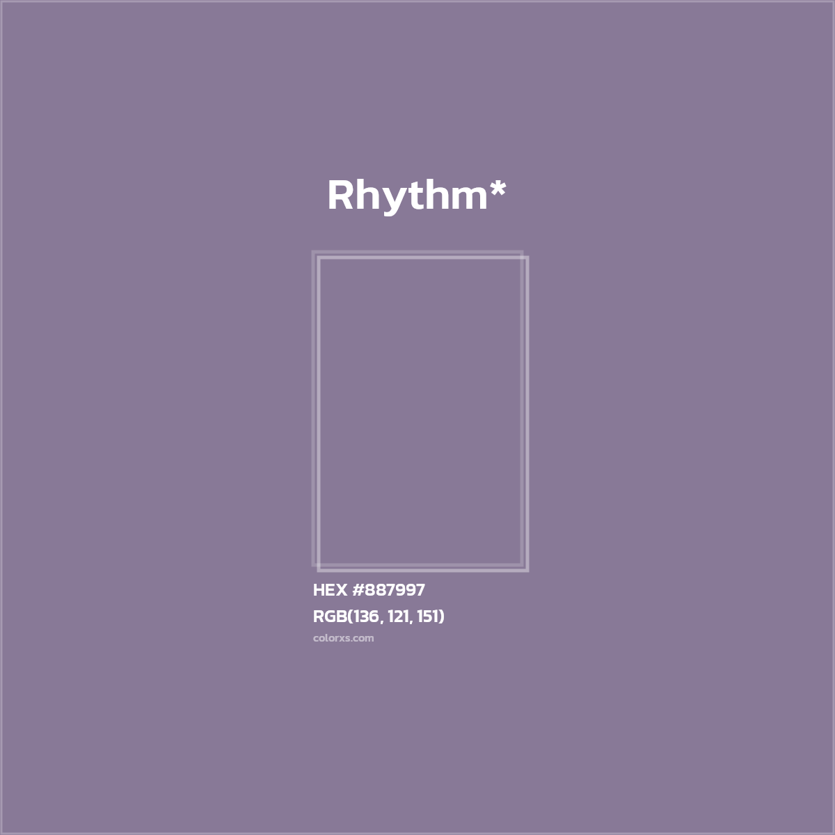 #887997 hex color. RGB, RYB, CMYK, HSL, HSV codes and color conversions. Matching color names, palettes, paints.