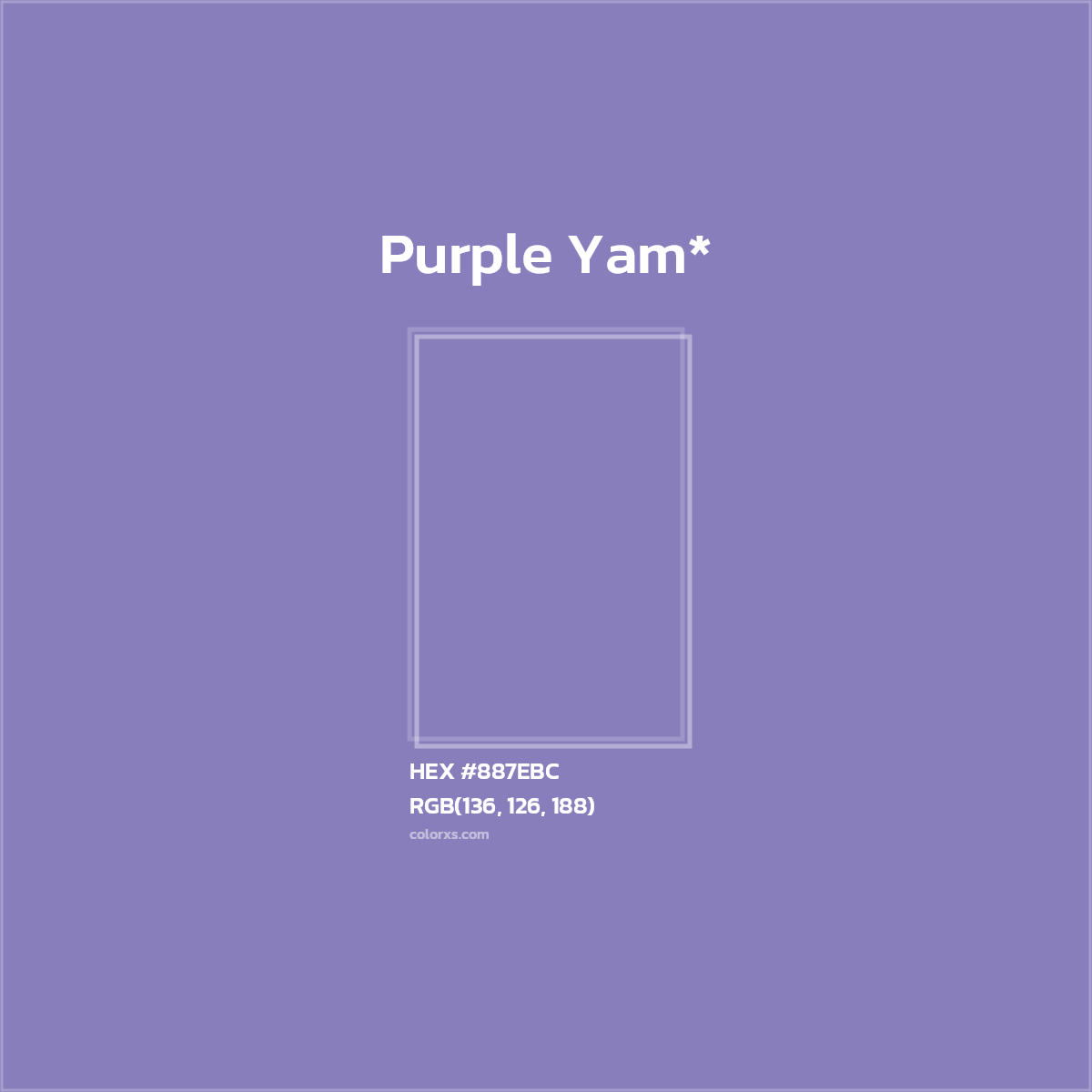 #887EBC hex color. RGB, RYB, CMYK, HSL, HSV codes and color conversions. Matching color names, palettes, paints.