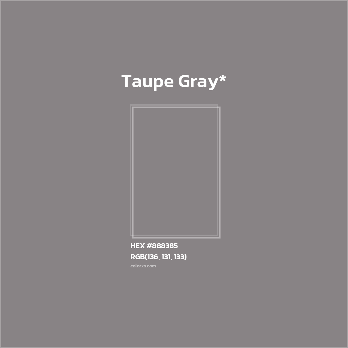 #888385 hex color. RGB, RYB, CMYK, HSL, HSV codes and color conversions. Matching color names, palettes, paints.