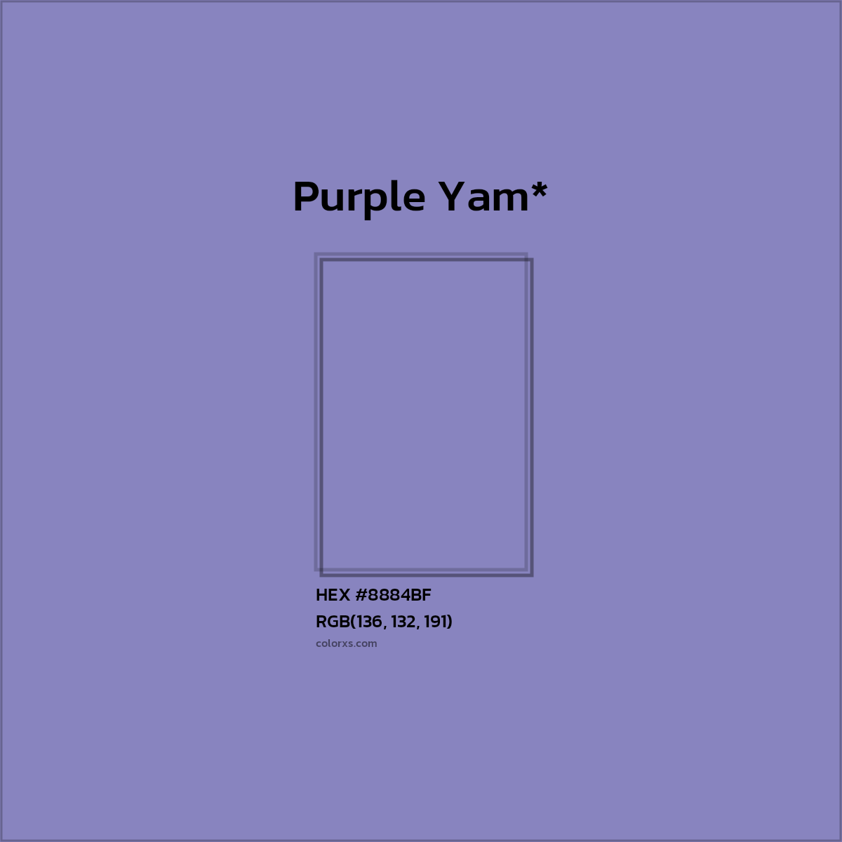 #8884BF hex color. RGB, RYB, CMYK, HSL, HSV codes and color conversions. Matching color names, palettes, paints.