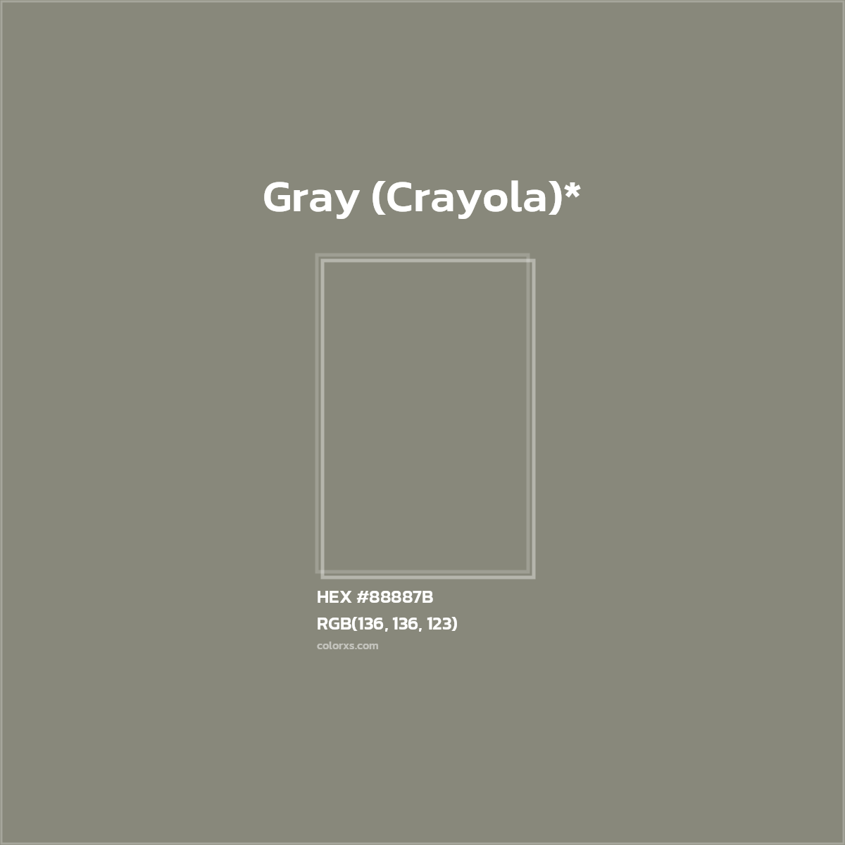 #88887B hex color. RGB, RYB, CMYK, HSL, HSV codes and color conversions. Matching color names, palettes, paints.