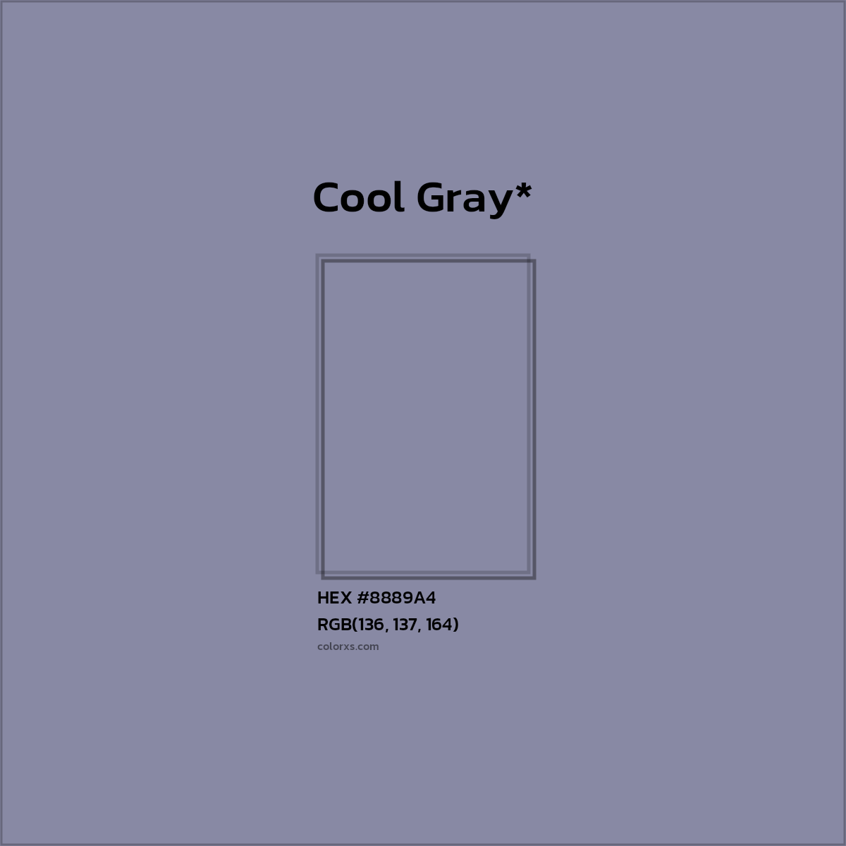 #8889A4 hex color. RGB, RYB, CMYK, HSL, HSV codes and color conversions. Matching color names, palettes, paints.
