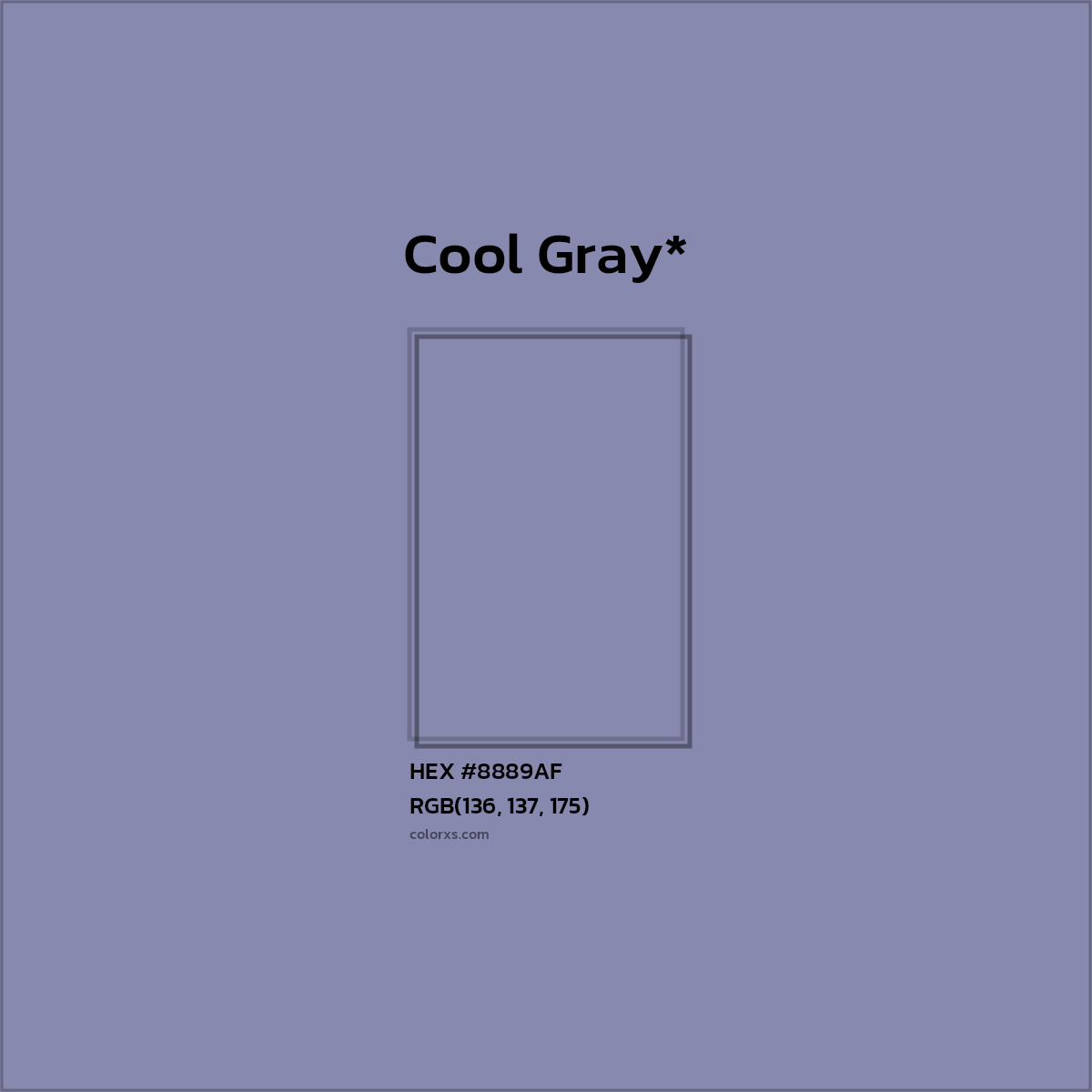 #8889AF hex color. RGB, RYB, CMYK, HSL, HSV codes and color conversions. Matching color names, palettes, paints.