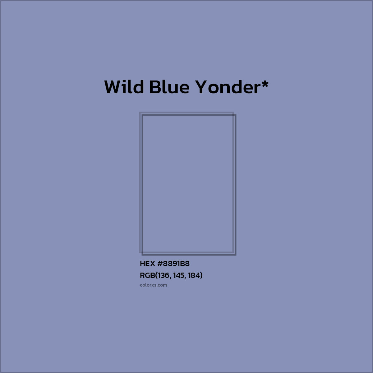 #8891B8 hex color. RGB, RYB, CMYK, HSL, HSV codes and color conversions. Matching color names, palettes, paints.