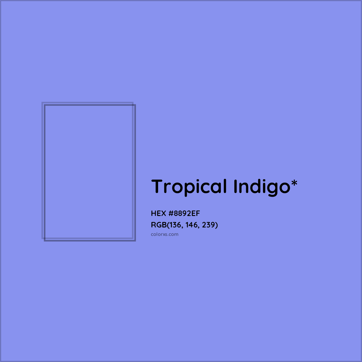 #8892EF hex color. RGB, RYB, CMYK, HSL, HSV codes and color conversions. Matching color names, palettes, paints.
