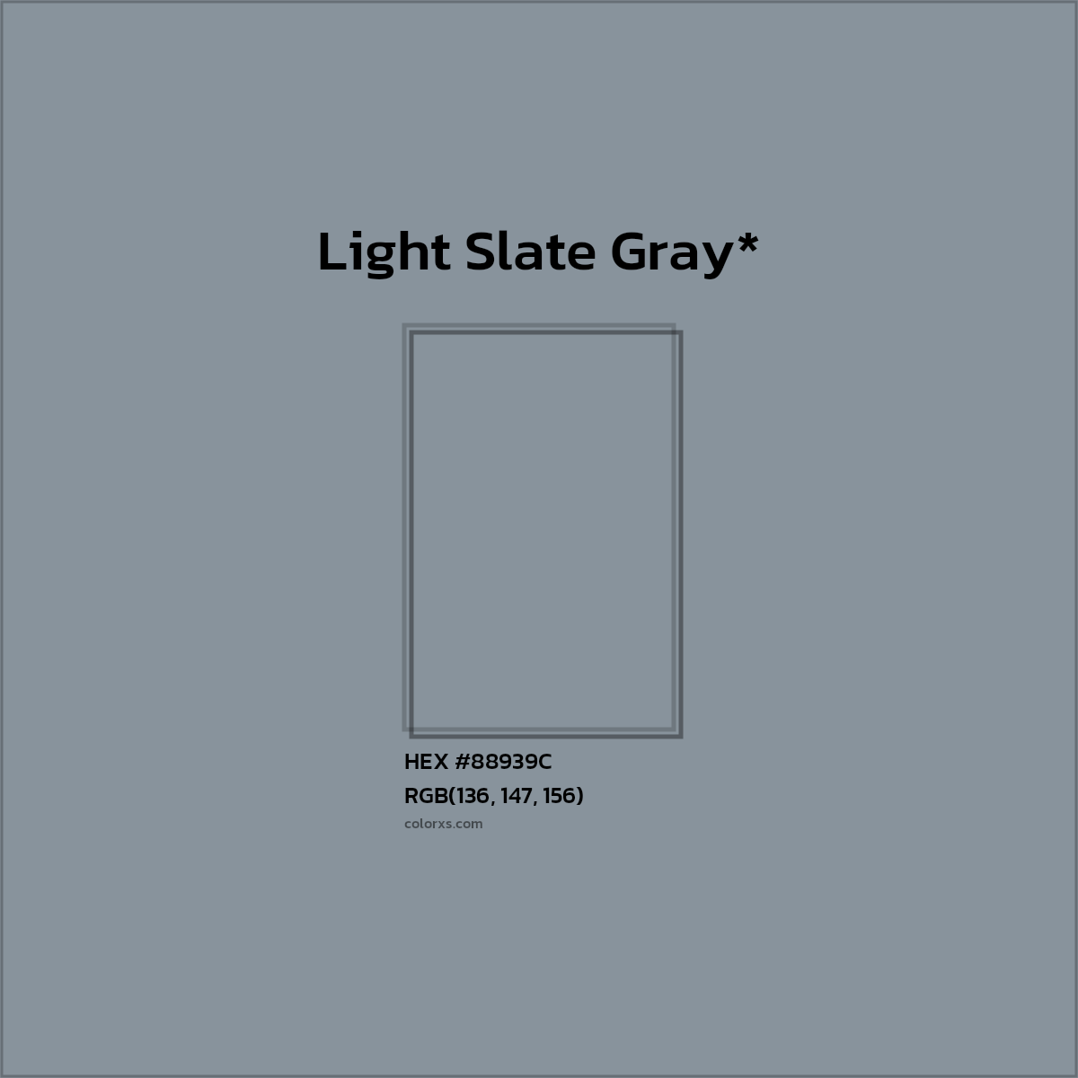 #88939C hex color. RGB, RYB, CMYK, HSL, HSV codes and color conversions. Matching color names, palettes, paints.