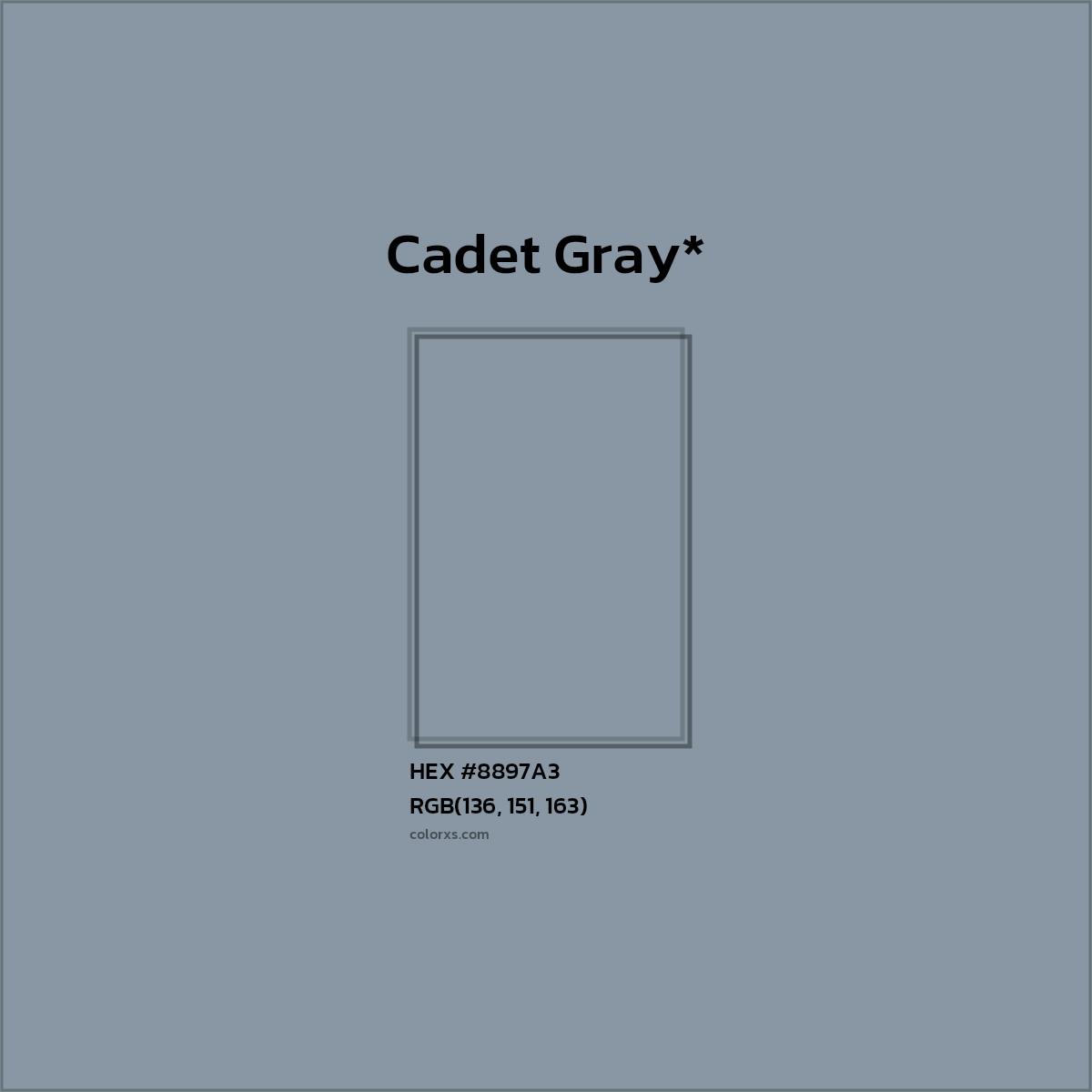 #8897A3 hex color. RGB, RYB, CMYK, HSL, HSV codes and color conversions. Matching color names, palettes, paints.
