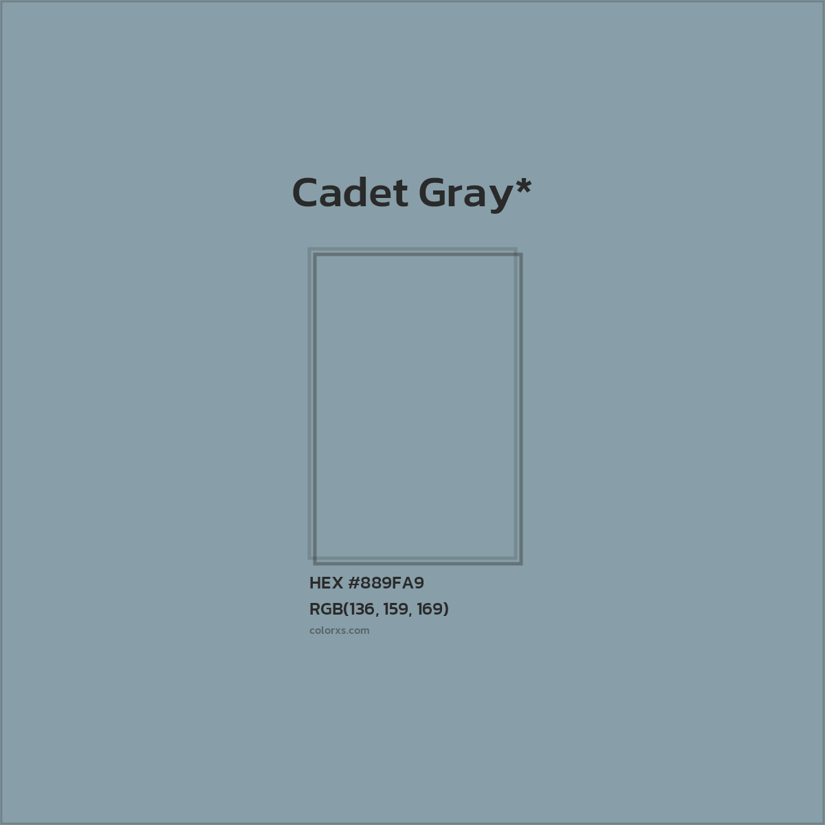 #889FA9 hex color. RGB, RYB, CMYK, HSL, HSV codes and color conversions. Matching color names, palettes, paints.