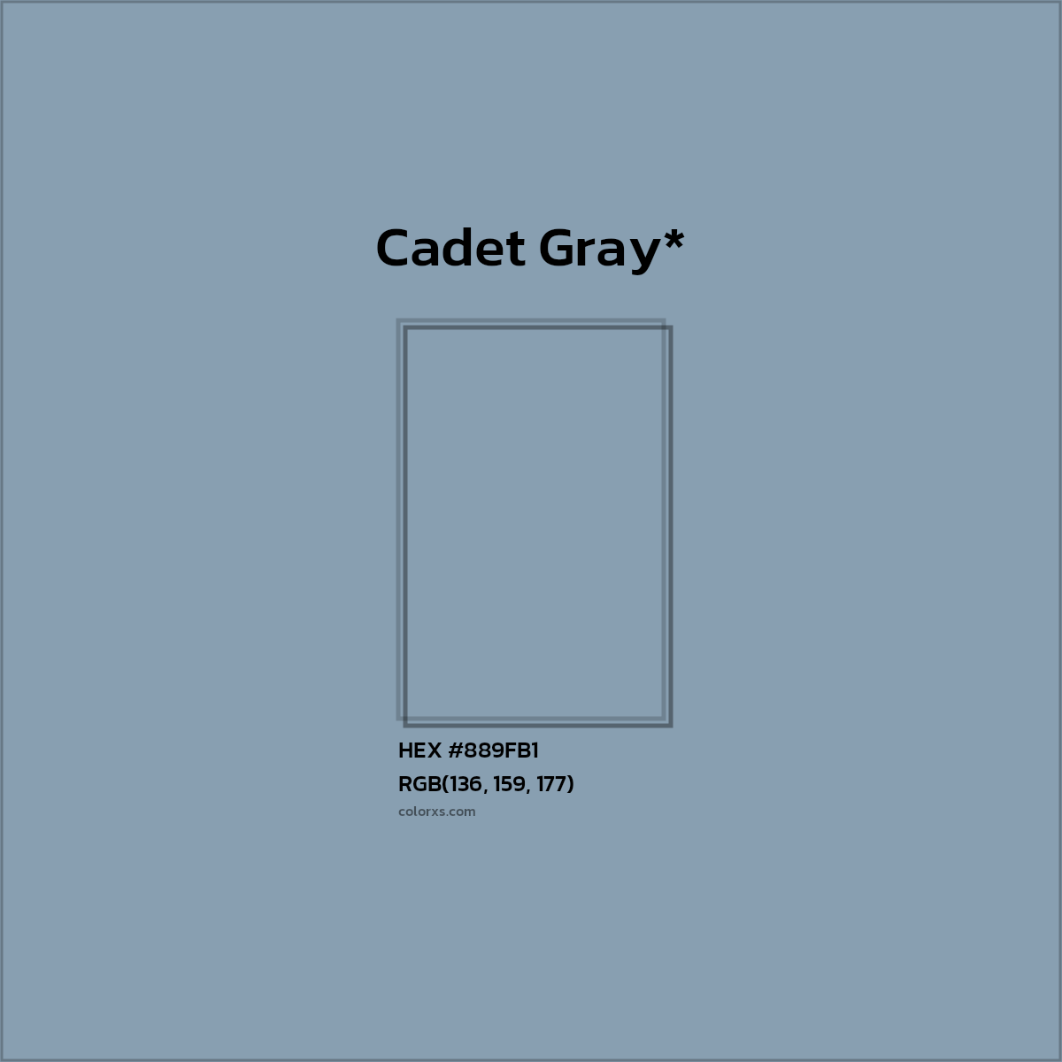 #889FB1 hex color. RGB, RYB, CMYK, HSL, HSV codes and color conversions. Matching color names, palettes, paints.