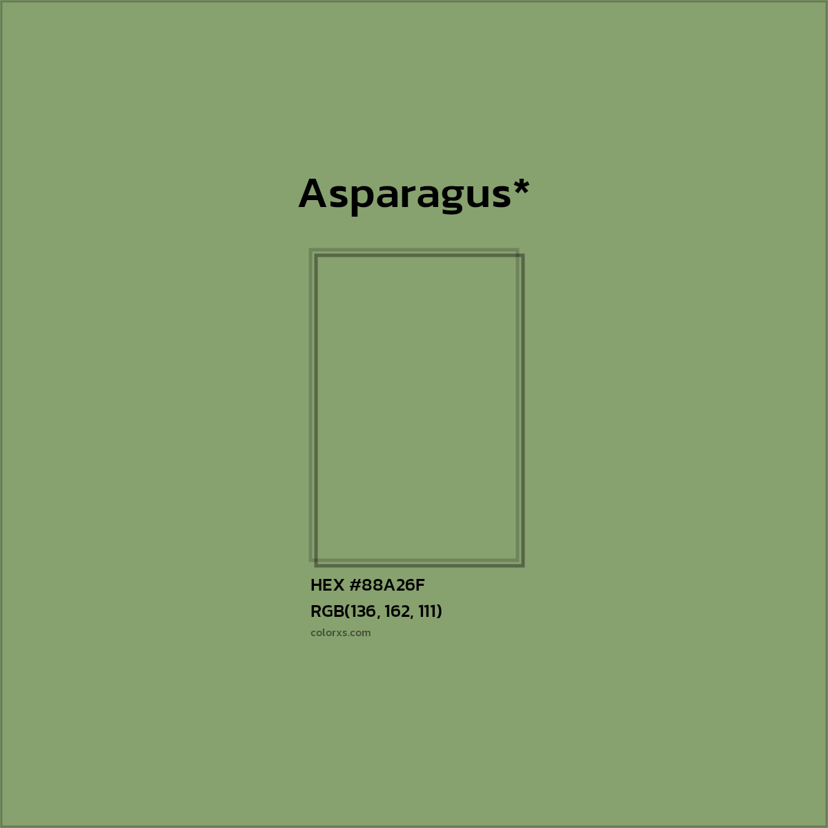 #88A26F hex color. RGB, RYB, CMYK, HSL, HSV codes and color conversions. Matching color names, palettes, paints.