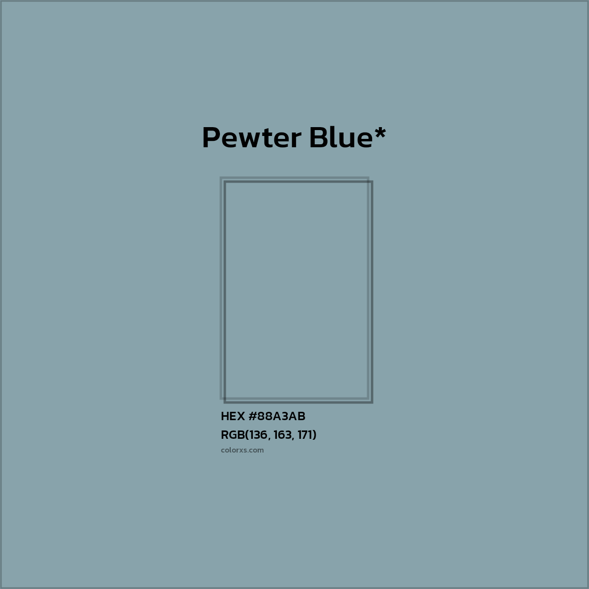#88A3AB hex color. RGB, RYB, CMYK, HSL, HSV codes and color conversions. Matching color names, palettes, paints.