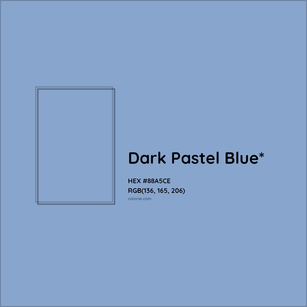 #88A5CE hex color. RGB, RYB, CMYK, HSL, HSV codes and color conversions. Matching color names, palettes, paints.