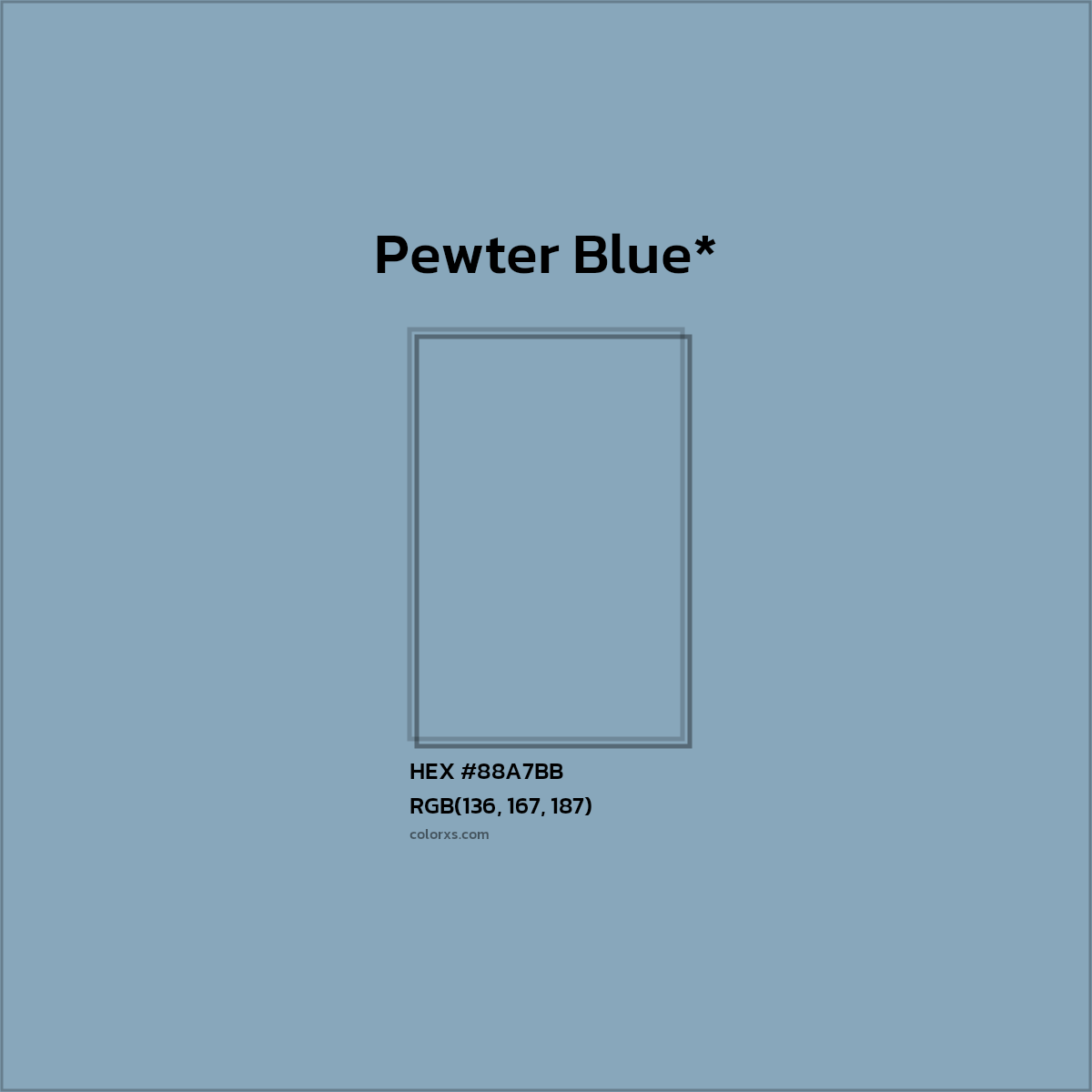 #88A7BB hex color. RGB, RYB, CMYK, HSL, HSV codes and color conversions. Matching color names, palettes, paints.