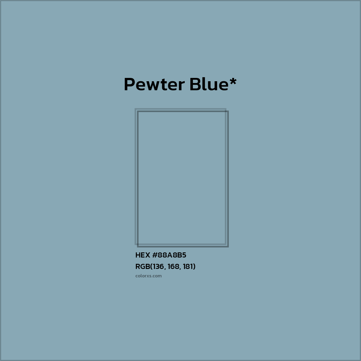 #88A8B5 hex color. RGB, RYB, CMYK, HSL, HSV codes and color conversions. Matching color names, palettes, paints.