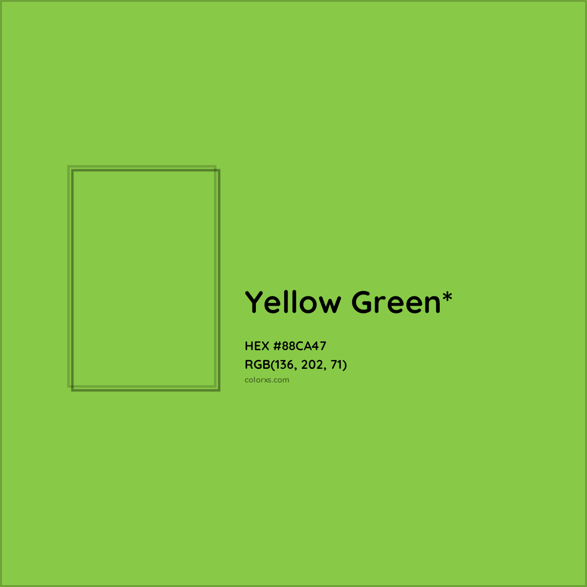 #88CA47 hex color. RGB, RYB, CMYK, HSL, HSV codes and color conversions. Matching color names, palettes, paints.