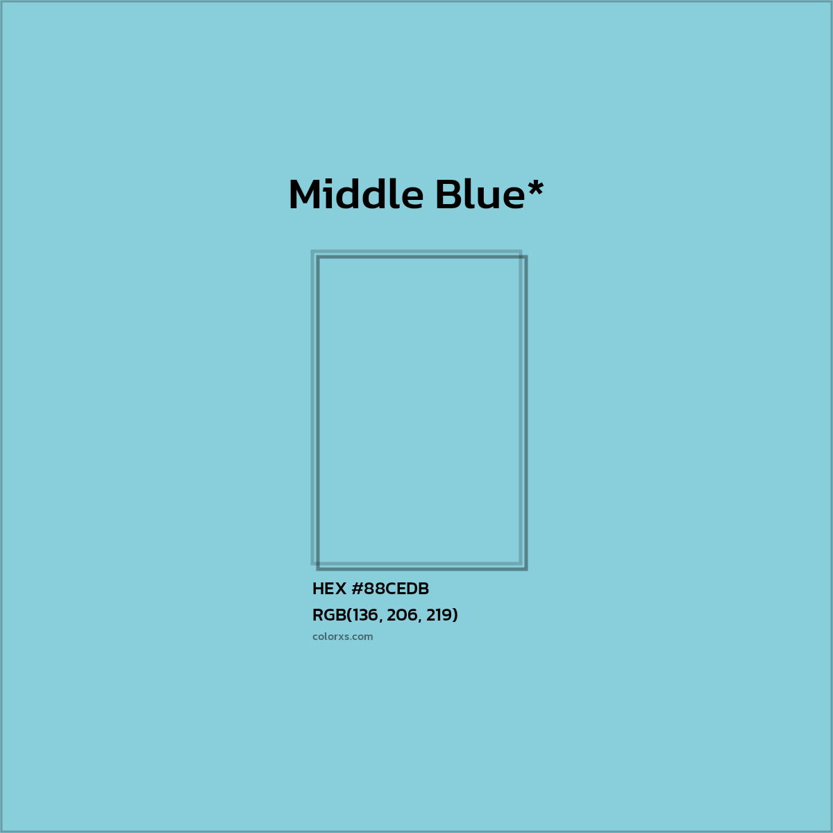 #88CEDB hex color. RGB, RYB, CMYK, HSL, HSV codes and color conversions. Matching color names, palettes, paints.