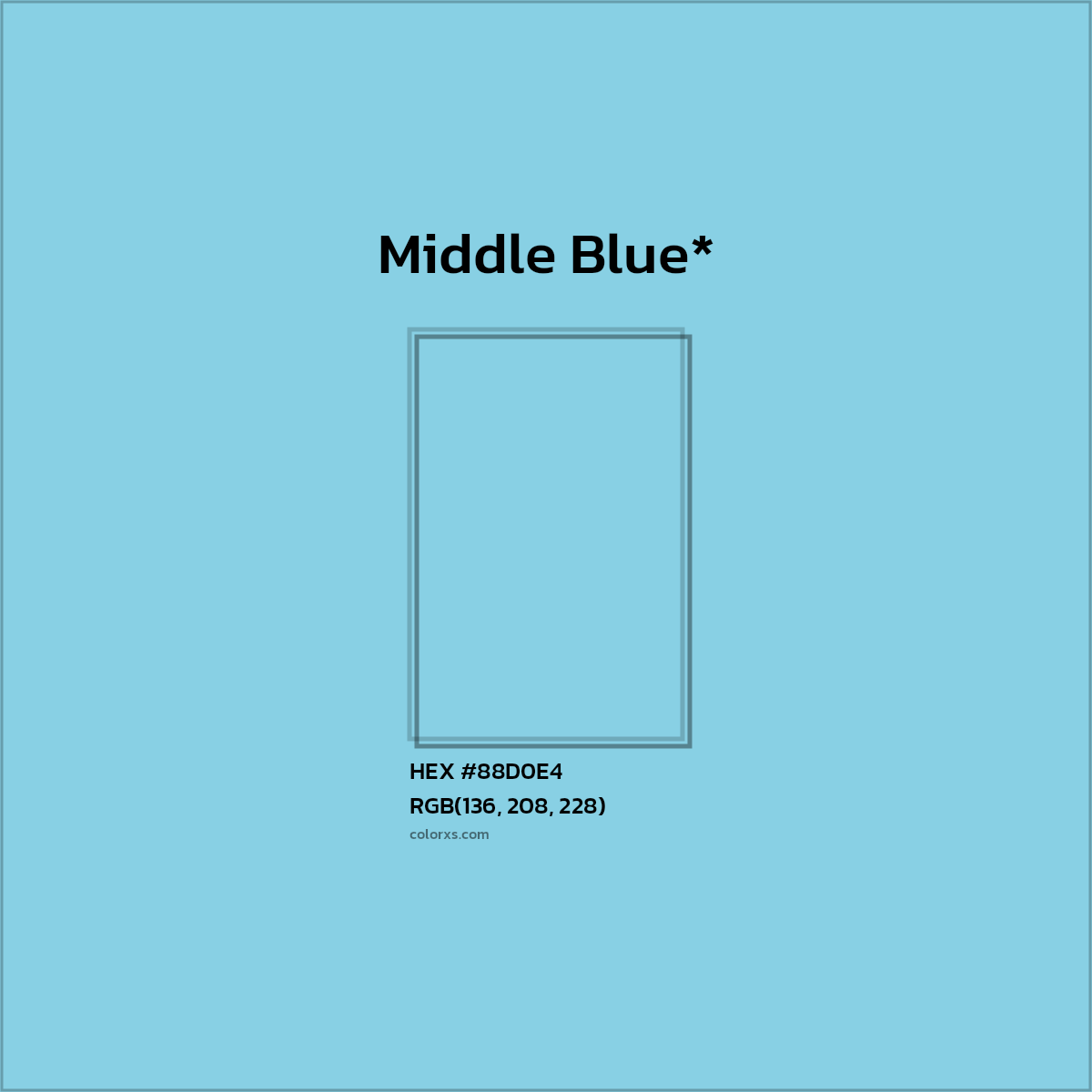#88D0E4 hex color. RGB, RYB, CMYK, HSL, HSV codes and color conversions. Matching color names, palettes, paints.