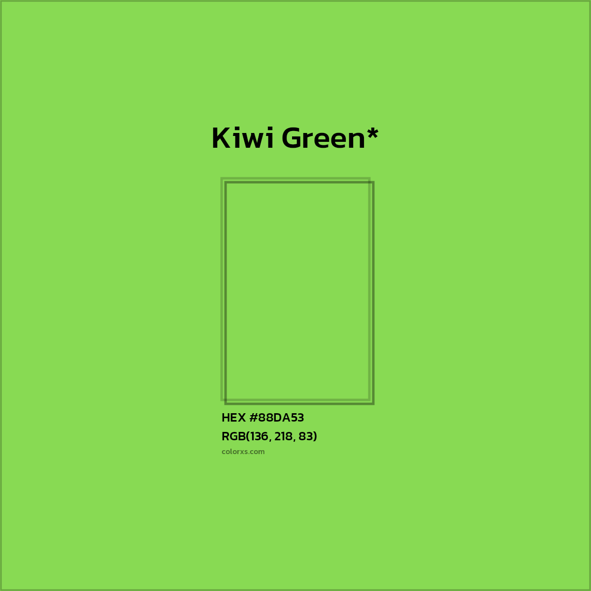 #88DA53 hex color. RGB, RYB, CMYK, HSL, HSV codes and color conversions. Matching color names, palettes, paints.
