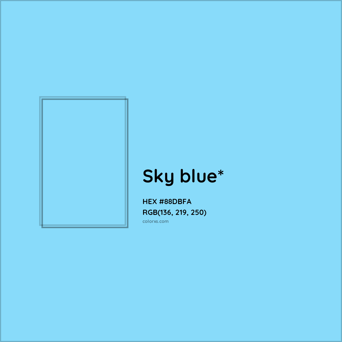 #88DBFA hex color. RGB, RYB, CMYK, HSL, HSV codes and color conversions. Matching color names, palettes, paints.