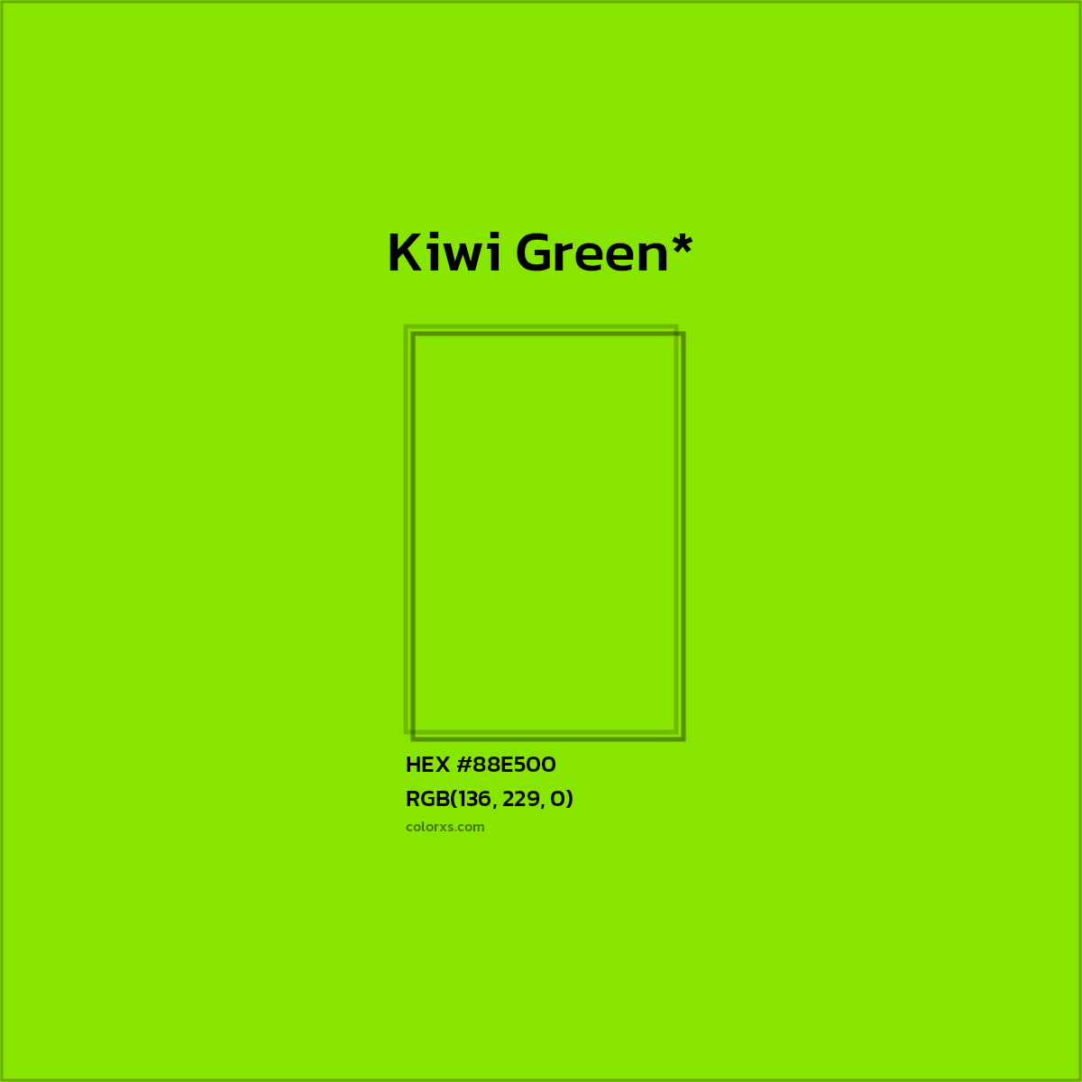 #88E500 hex color. RGB, RYB, CMYK, HSL, HSV codes and color conversions. Matching color names, palettes, paints.