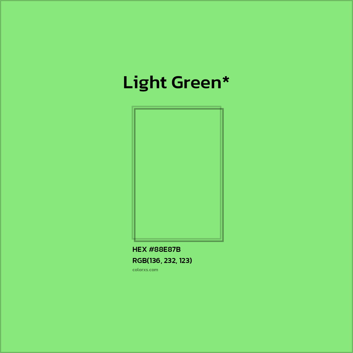 #88E87B hex color. RGB, RYB, CMYK, HSL, HSV codes and color conversions. Matching color names, palettes, paints.
