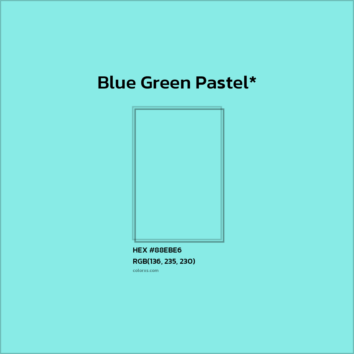 #88EBE6 hex color. RGB, RYB, CMYK, HSL, HSV codes and color conversions. Matching color names, palettes, paints.