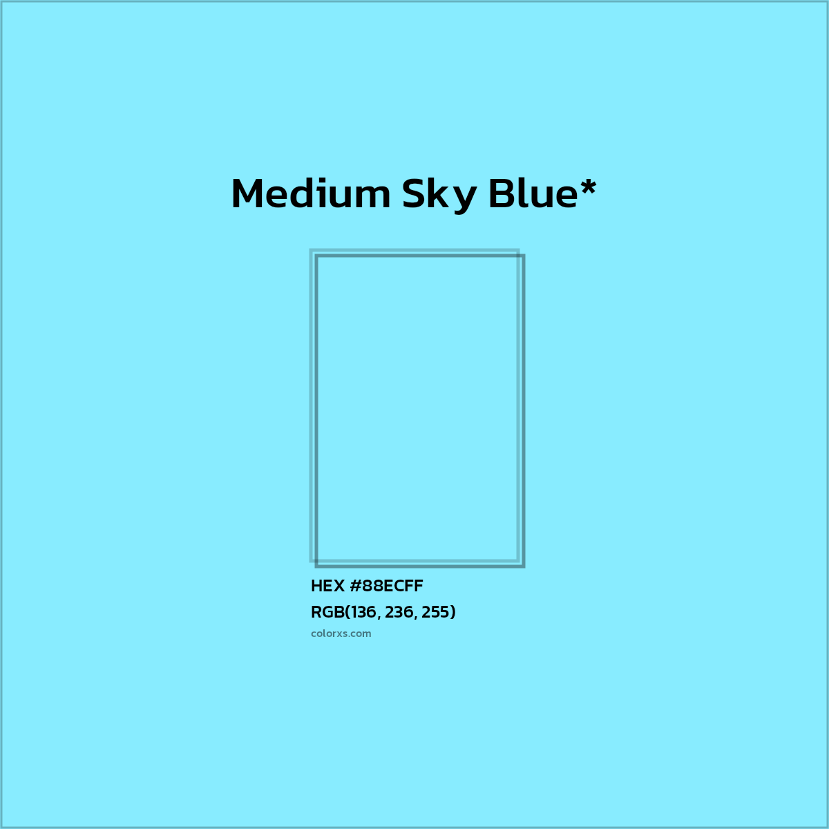 #88ECFF hex color. RGB, RYB, CMYK, HSL, HSV codes and color conversions. Matching color names, palettes, paints.
